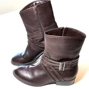 Women's Lauren Ralph Lauren Maya Brown Leather Mid-Calf Boots Buckle Zip